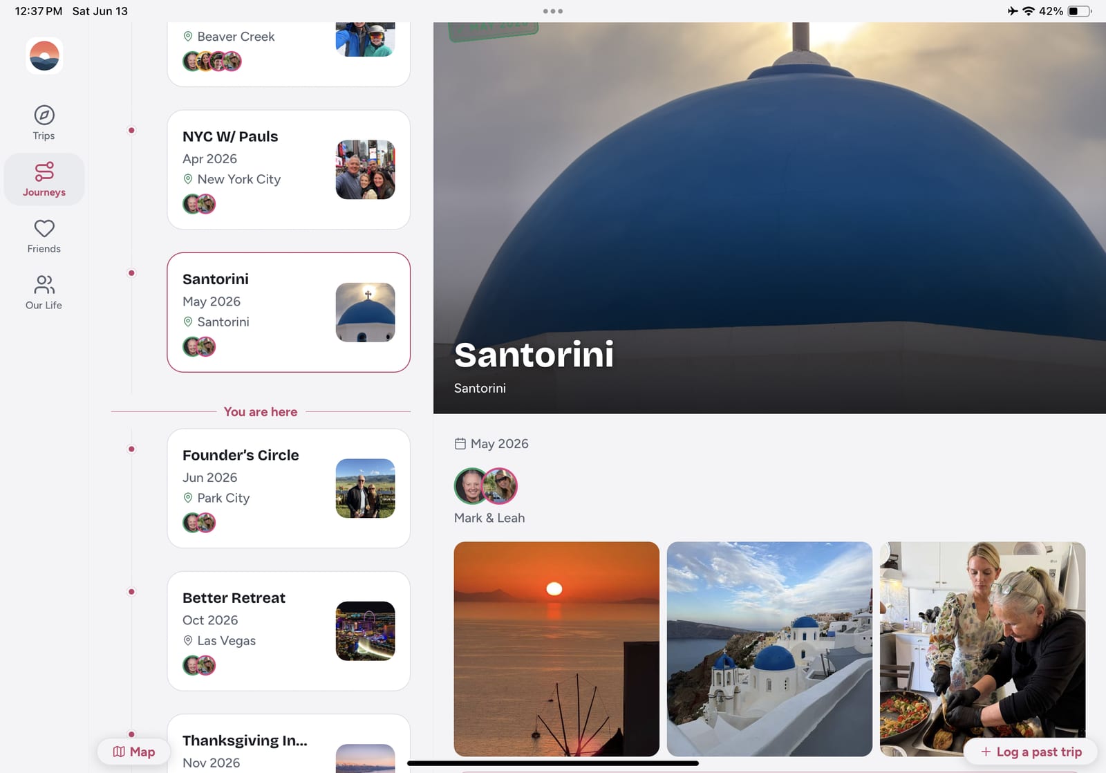 The Journeys timeline on iPad, with trip photos