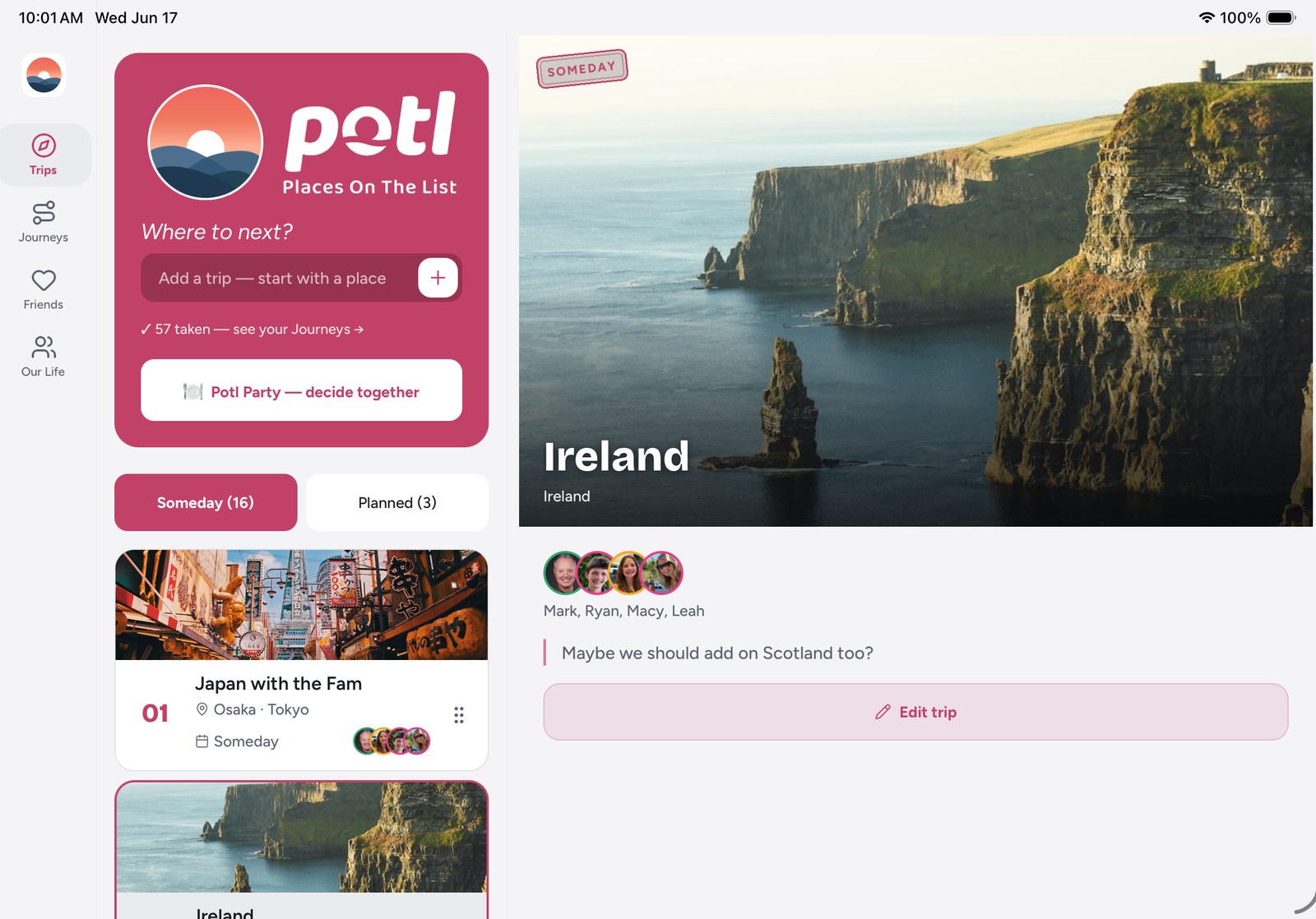 Potl on iPad: the trip list beside an open trip's details