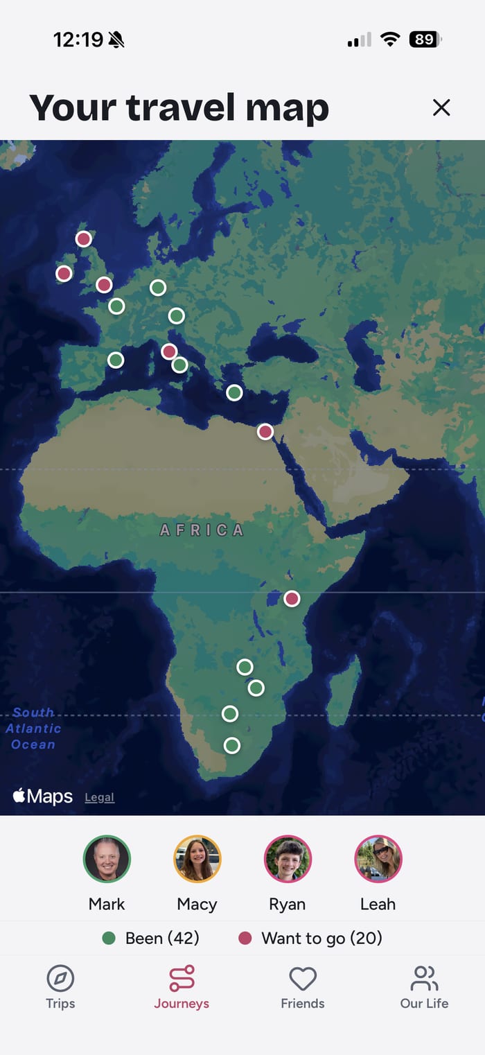 Your travel map: green been pins and coral want-to-go pins