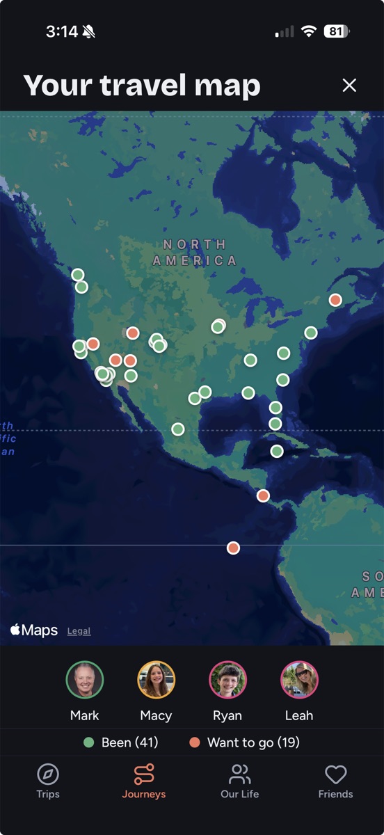 Your travel map: green been pins and coral want-to-go pins
